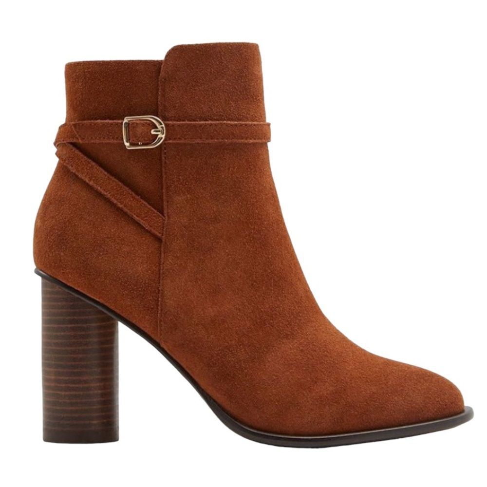 Draper James New! Tegan Suede Leather Booties Stacked Peg Heel Almond Toe Strap